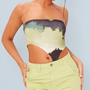 Green Printed Slinky Cut Out Bandeau Bodysuit